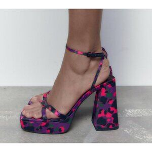 NWT Zara  COlourful Pink Purple Chuinky Block Heels Strappy Heels 8